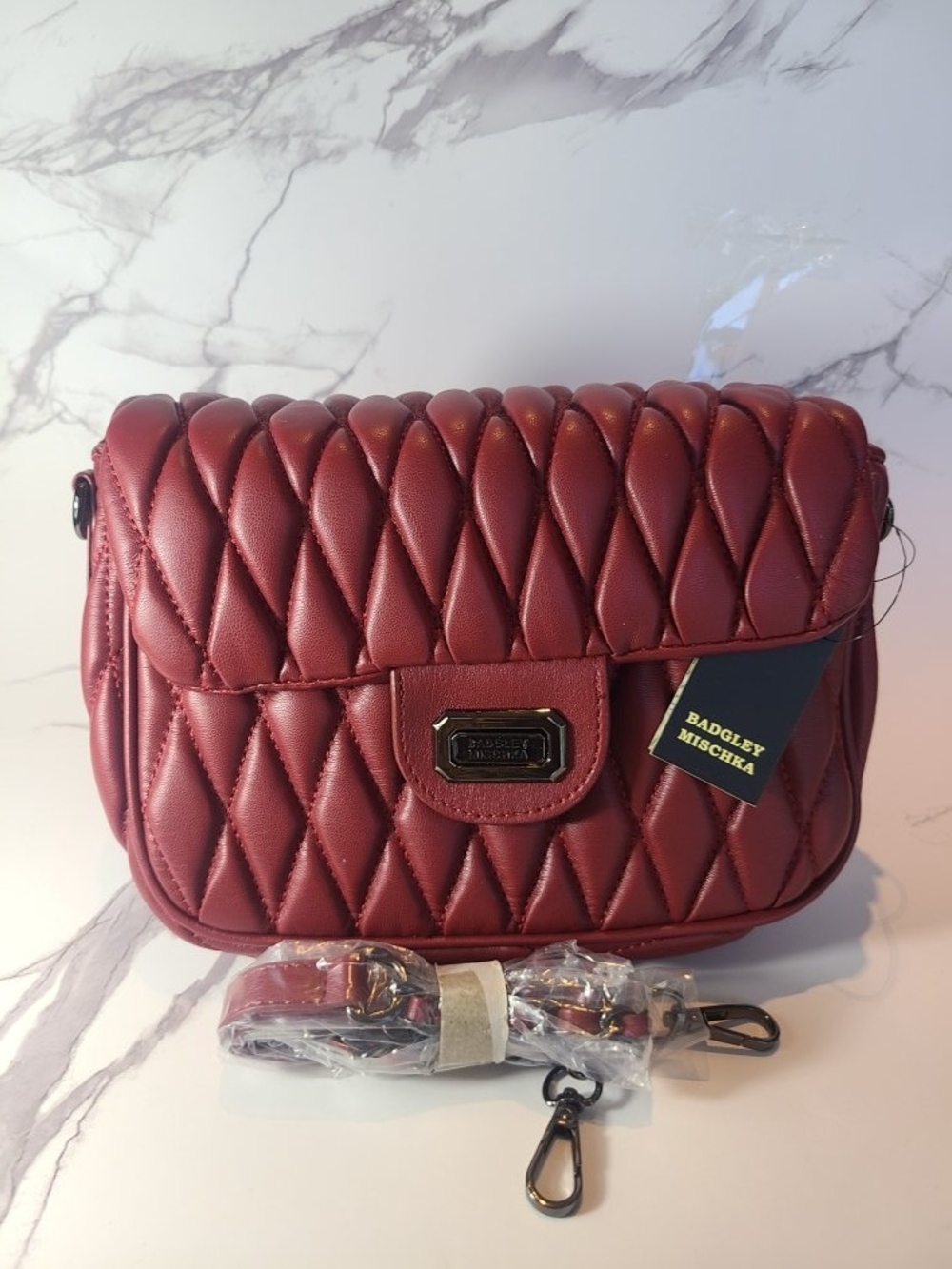 Badgley Mischka Quilted Wine Red Crossbody Bag